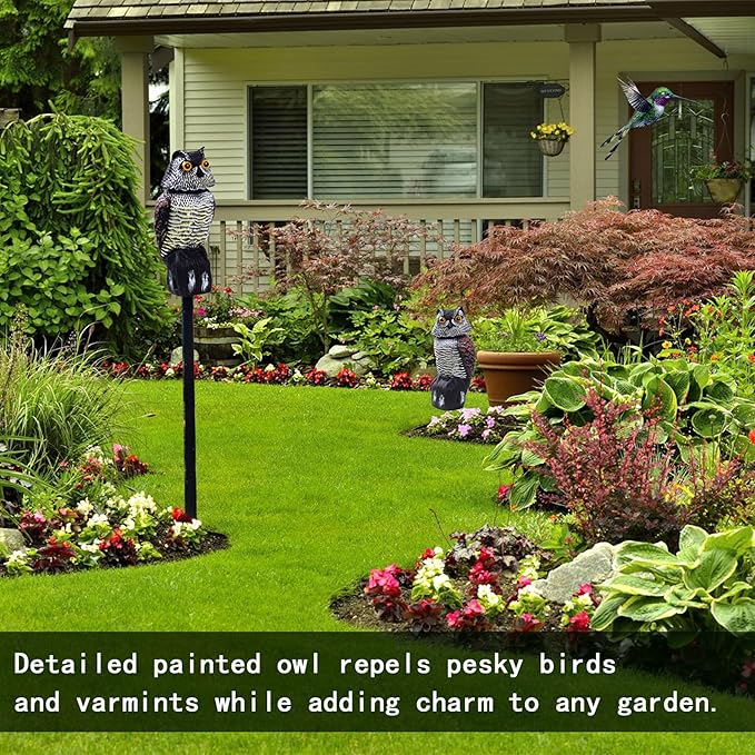 Hedoc 2 Pack Fake Owl Decoys to Scare Birds Away(15 inch) Rotating Head Sculptures Nature Enemy Scarecrow Plastic Statues Pest RepellentPigeon Deterrent Outdoor Yard Garden Protectors