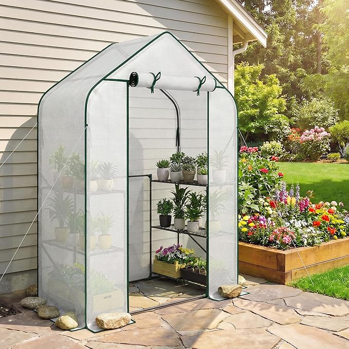 Outsunny 4.7' x 2.3' x 6.2' Small Greenhouse for Outdoors 3 Tiers 6 Shelves Portable Greenhouse with UV-Resistant PE Cover Walk-in Green House with Roll-Up Door White