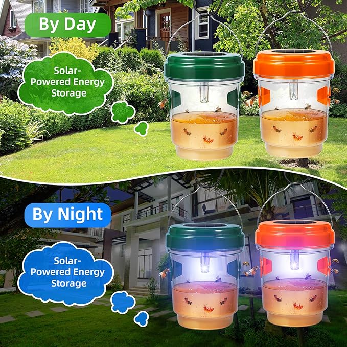 4 Pack Solar Powered Lighted Wasp Trap Outdoor Hanging Hornet Bee Effective Wasp Bee Repellent with Attraction Light