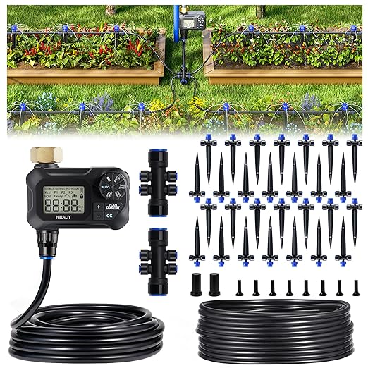 HIRALIY 100FT Automatic Drip Irrigation Kits with Garden Timer Garden Watering System for Patio Lawn Quick Connector Design Irrigation System Kit with Easy Programmable Water Timer