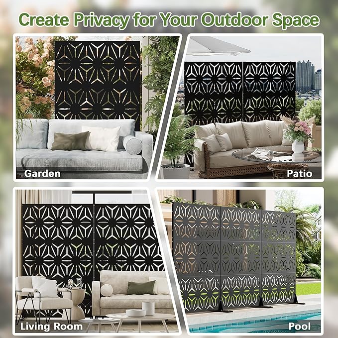 Cofar Metal Privacy Screen Outdoor 72 H×44 W -Black Freestanding Outdoor Privacy Panels with Stand Decorative Fence for Patio Deck Balcony（Floral）
