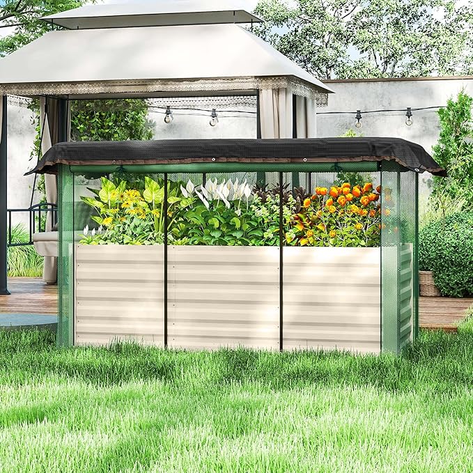 Galvanized Steel Raised Planter Container with Integrated Vegetable Cage and UV-Absorbing Shade Screen Beige Finish Premium Material