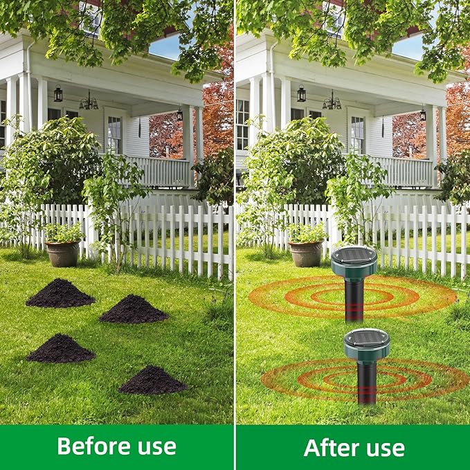 8 Pack Ultrasonic Solar Mole Repellent Gopher Repellent Waterproof Vole Chipmunk Groundhog Repellent Outdoor Sonic Spikes Rodent Repellent Mole Deterrent Snake Repellent for Yard Lawn