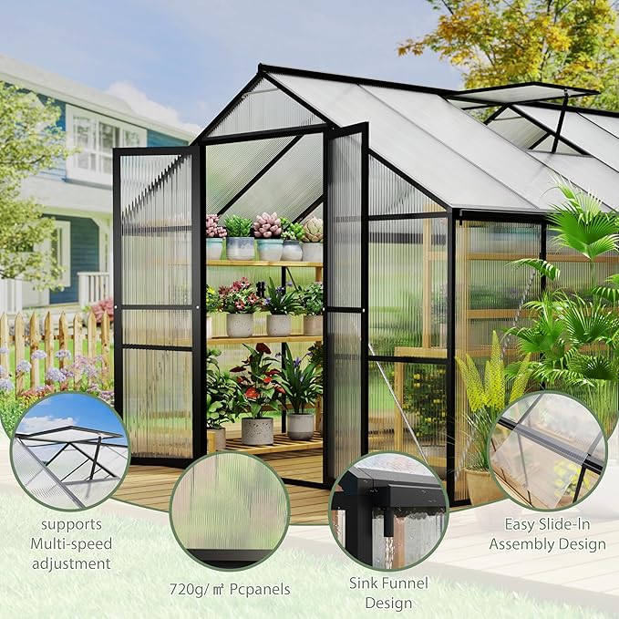 8 x 12 FT Outdoor Greenhouse Heavy-Duty Polycarbonate Greenhouse with Aluminum Frame Lockable Door Adjustable Roof Vent Walk-in Green House for Backyard Garden Patio