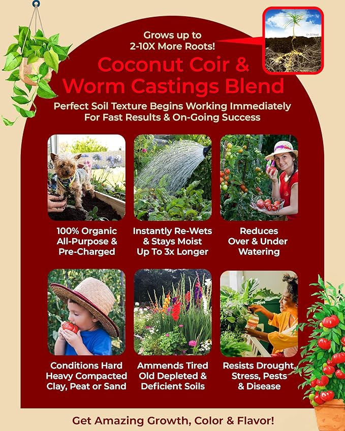 Compressed Organic Potting Soil for Garden Plants &amp Vegetables - Expands 4x When Mixed with Water - Indoor or Outdoor Use - Plant Food Mix Derived from Natural Coconut Coir &amp Worm Castings Fe