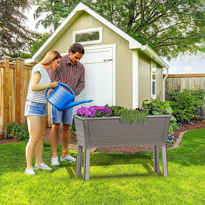 Raised Garden Bed with Wheels Resin Sturdy Planter Waterproof UV-Resistant Outdoor for Flowers Vegetables Herbs in Backyard Patio (2 Grey)