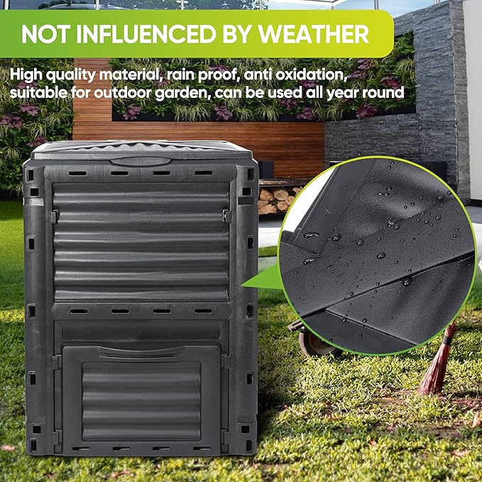JupiterForce Garden Compost Bin 80 Gallon (300 L) from BPA Free Material Large Composting Bin Outdoor Composter with Gloves Easy Assembling Fast Creation of Fertile Soil Lightweight Black