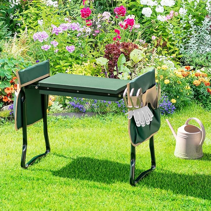 Giantex Garden Kneeler &amp Seat Folding Gardening Stool Portable Garden Bench with EVA Foam Pad Heavy-Duty Metal Frame Gardening Gift for Women Men Seniors (Holds 330 LBS) (with 2 Bags)