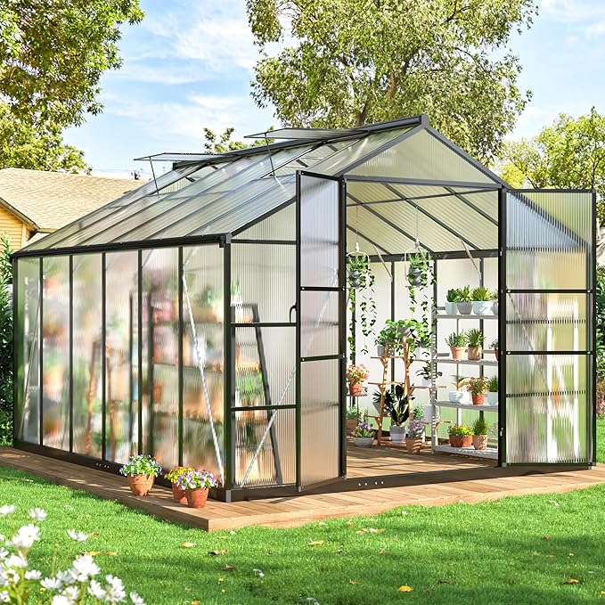 WKM 10x12 FT Greenhouse Enhanced Aluminum Frame Greenhouses for Outdoors Withstands Strong Wind or Snow Green House with Swing Door Green Houses for Outside Garden Backyard Black