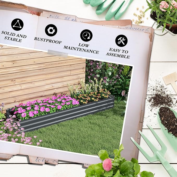 94.5 Inch Extra Long Large Raised Garden Bed 8FT Metal Planter Box for Vegetables &amp Flowers Open Bottom Galvanized Steel Elevated Garden Bed with Wood Grain Finish