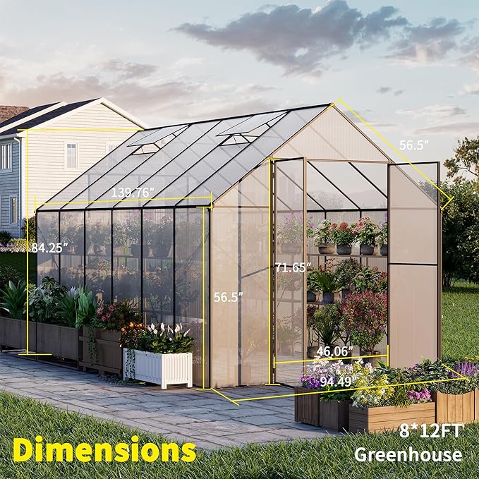 Kingdura 8x12ft Walk-in Greenhouse for Outdoors Large Polycarbonate Greenhouses with Heavy Duty Aluminum Frame Adjustable Roof Vent Lockable Door UV Protection for Outside Garden Backyard