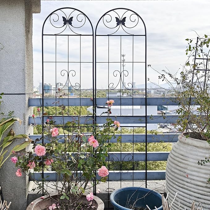 2 Pack Large Garden Trellis Heavy Duty Rustproof Iron Plant Trellis for Potted Plant Support Metal Climbing Rose Trellis Vine Vegetable CucumberBlack-86.7 H x 19.7 W