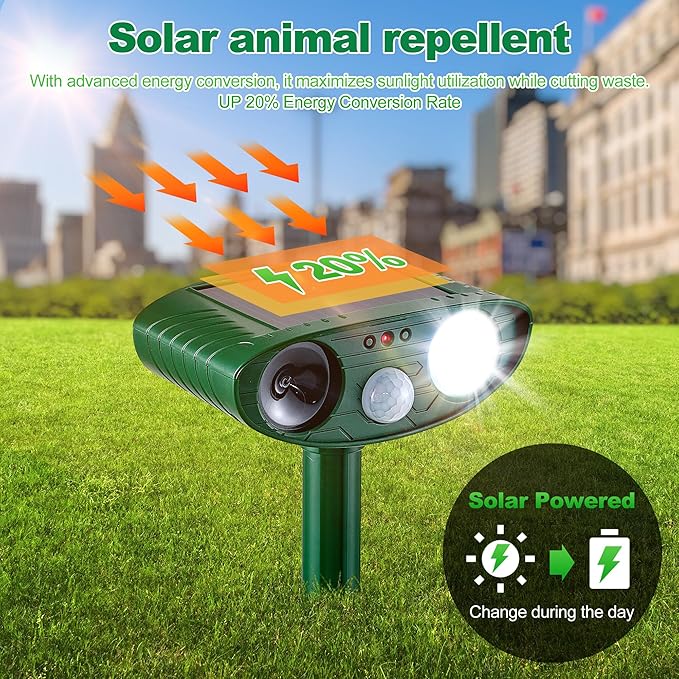 4 Pack Solar Animal Repeller for Raccoons Deer &amp Squirrels - Ultrasonic &amp Strobe Light Outdoor Deterrent for Cats Dogs Raccoons Rabbits Skunks Foxes &amp More