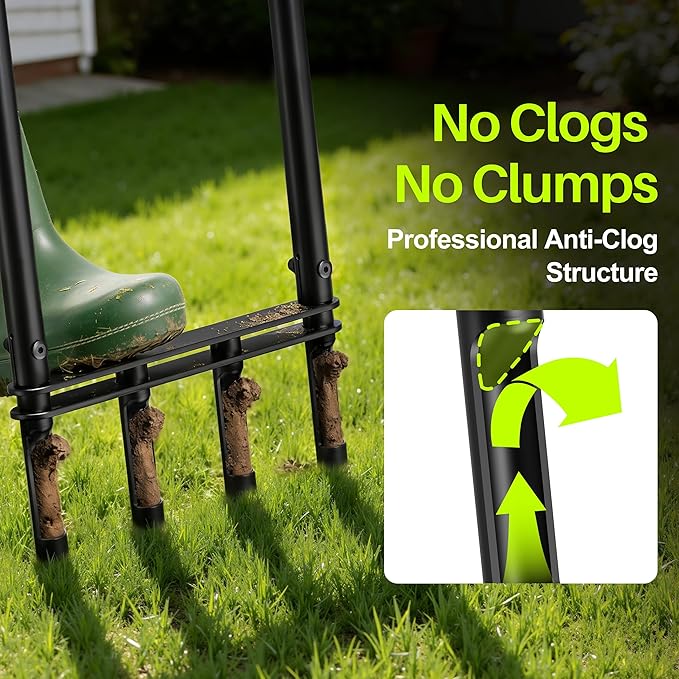Knee-Friendly Manual Lawn Aerator Tool –Adjustable SUS304 Stainless Steel Core Aerator for Grass Yard Aeration Tool with 4 Hollow Tines for Lawn Care and Compacted Soil43.3-48.5Black