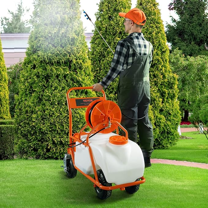 VEVOR Battery Powered 15 Gallon Garden Weed Sprayer with Wheeled Cart 126FT Hose with Reel 8 Nozzles 2 Wands with Lock Trigger 0-90PSI 5-6h Spray Time Wide Mouth Lid Rotating Wheels with Brake