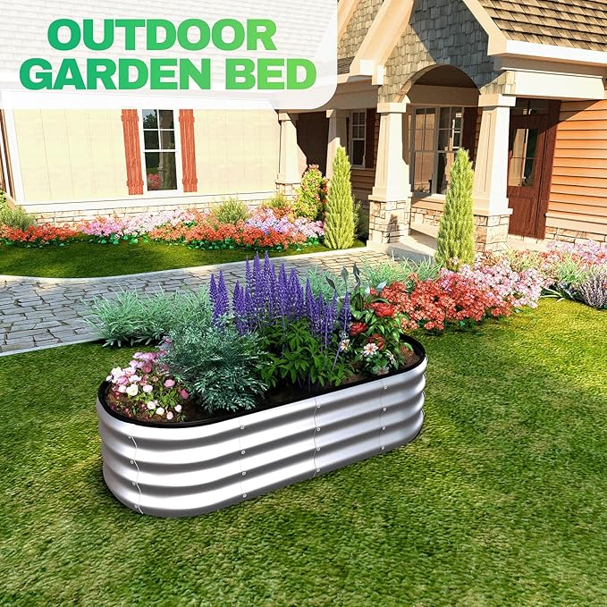 4x2x1 ft Oval Galvanized Metal Raised Garden Beds Thickened Rust-Proof Flower Beds Outdoor Plant Planter Boxes(Silver 1PC)