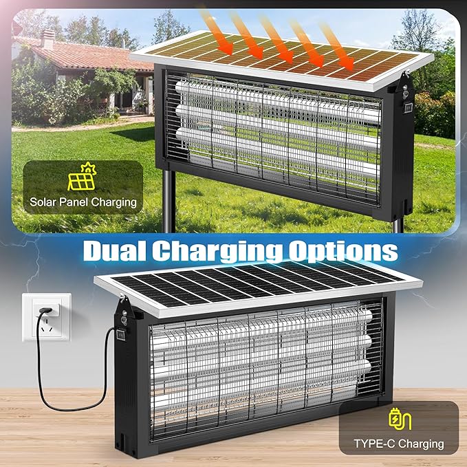 Solar Bug Zapper Outdoor - Mosquito Electric Fly Zapper 30W Waterproof - Cordless Solar Powered Bug Zapper for Patio Garden Backyard RV Camping Pond