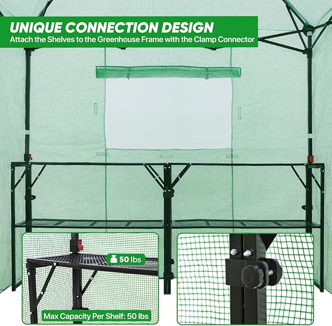 EAGLE PEAK 7x7 Portable Walk in Greenhouse Pop Up Indoor Outdoor Greenhouse Green House Kit with Zippered Roll-Up Doors and Windows + Mesh Lining &amp 2 Foldable Shelves PE Cover Clear/Green
