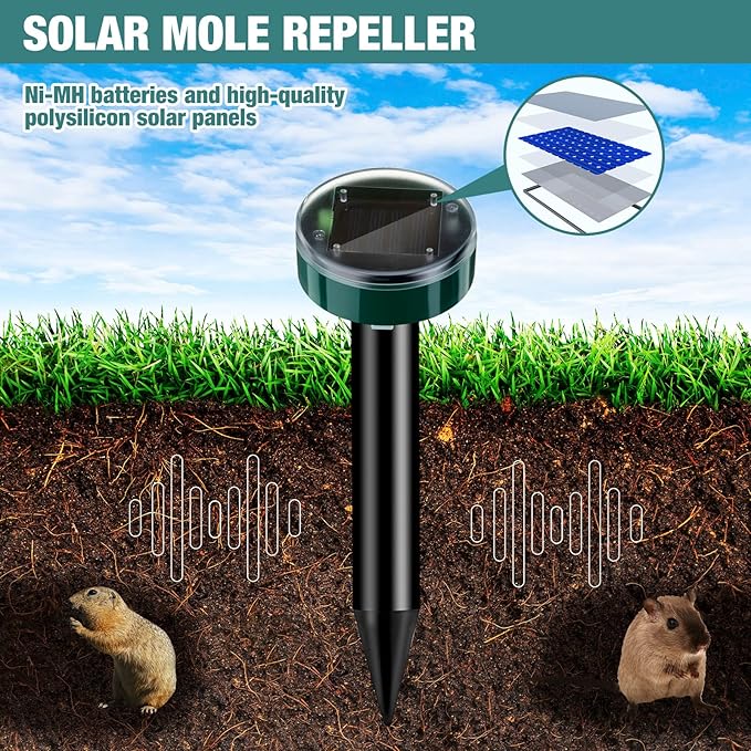28 Pieces Solar Mole Repellent Ultrasonic Outdoor Gopher Deterrent Spikes for Garden Yard Lawn Waterproof Solar Powered Repeller for Groundhogs Voles Snakes and Other Burrowing Animals (Round)