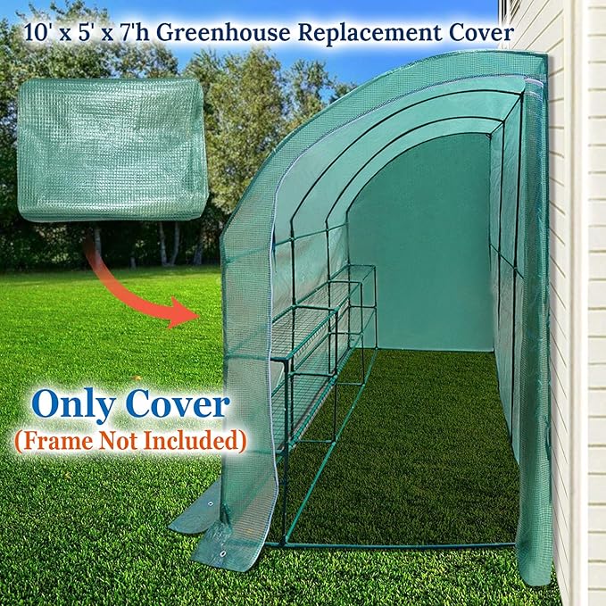 YardGrow Greenhouse Replacement Cover for 10x5x7'H Outdoor Lean to Walk-in Wall Greenhouse Portable Waterproof Hot House (Green)