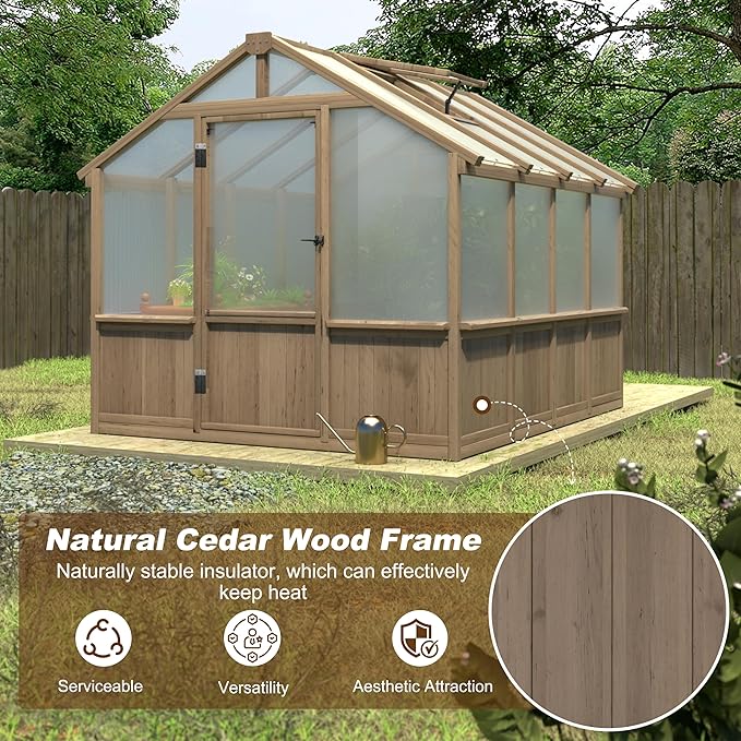 VEIKOU 8’x8’ Greenhouses for Outdoors Walk-in Wood Greenhouse with Cedar Frame &amp Adjustable Vents Garden Green House with 6MM Thick Polycarbonate Panel for Outside Backyard Light Brown Mocha