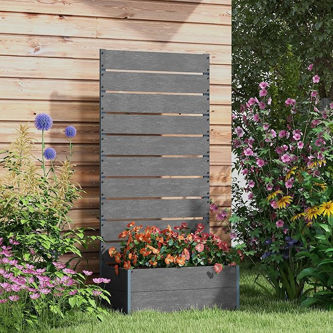 Vertical Garden Planter with Built-in Trellis 28.25”H Raised Bed for Climbing Plants Freestanding Planter Box with Drainage for Patio Deck Balcony Gray