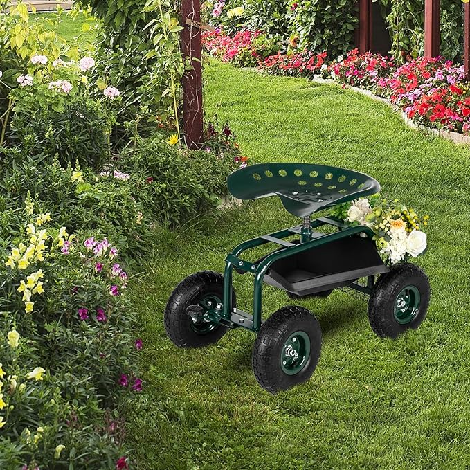 Rolling Garden CartGarden Cart Gardening WorkseatPatio Wagon Scooter Lawn Yard Patio Work Seat Gardening Stool Cart with Short Handle for Planting