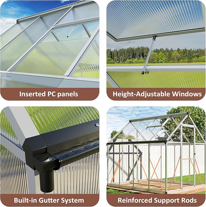 8×12 FT Walk-in Greenhouse for Outdoors Polycarbonate Greenhouse Kit with Roof Vent Large Heavy Duty Green Houses for Outside Backyard Patio Garden Sliver
