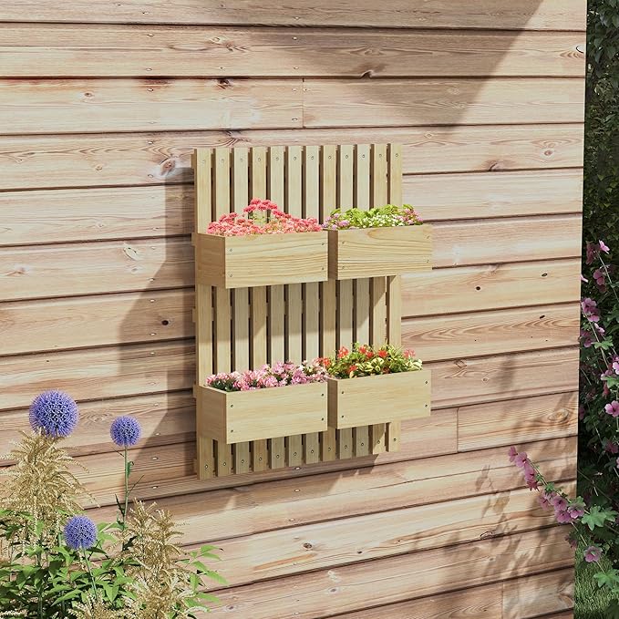 4 Box Raised Garden Bed with for Vine Flowers Climbing Plants 31.5 Tall Wall Mounted Wood Planter Box Set with Adjustable Height Drainage Hole Natural