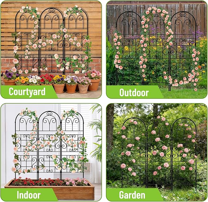 Garden Trellis for Climbing Plants 3 Pack 38 Wx 64.6 H Rustproof Flower Trellis with Black Coating Outdoor Climbing Rose Trellis Cucumbers Support for Courtyards Lawns (Curved Shape 3 Pieces)