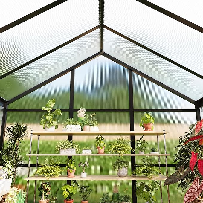 8X12FT Outdoor Greenhouse Aluminum Polycarbonate House Green Houses for Outside with Sliding Doors Ajustable Roof Vent Withstands Bad Weather for Garden or Backyard Black
