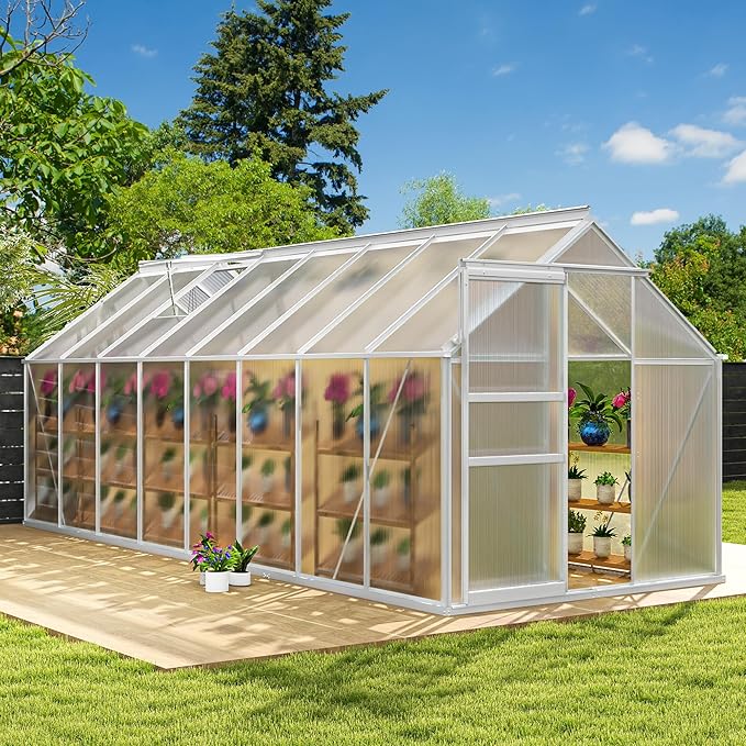 DWVO 6x16FT Polycarbonate Greenhouse Heavy Duty Green Houses Outdoor Aluminum Greenhouses with Sliding Doors Vent Window Walk-in Greenhouse Large Sun House for Garden Backyard Matte Sliver
