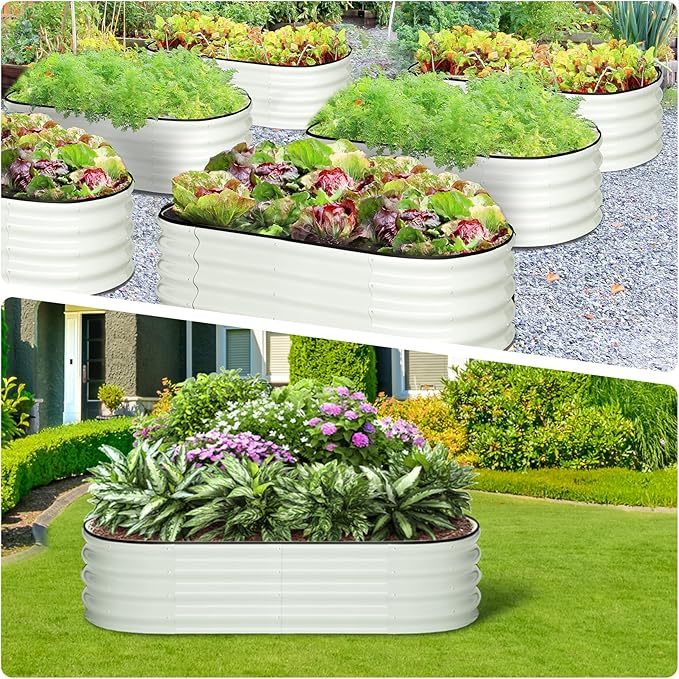 GarveeLife 2 Pcs 4.5x2x1.5ft Oval Raised Garden BedGalvanized Raised BedsOpen-Ended Base Metal Raised Planter BedsGarden Bed OutdoorPlanter Raised Boxes for VegetablesFlowersTool-Free AsseWhite