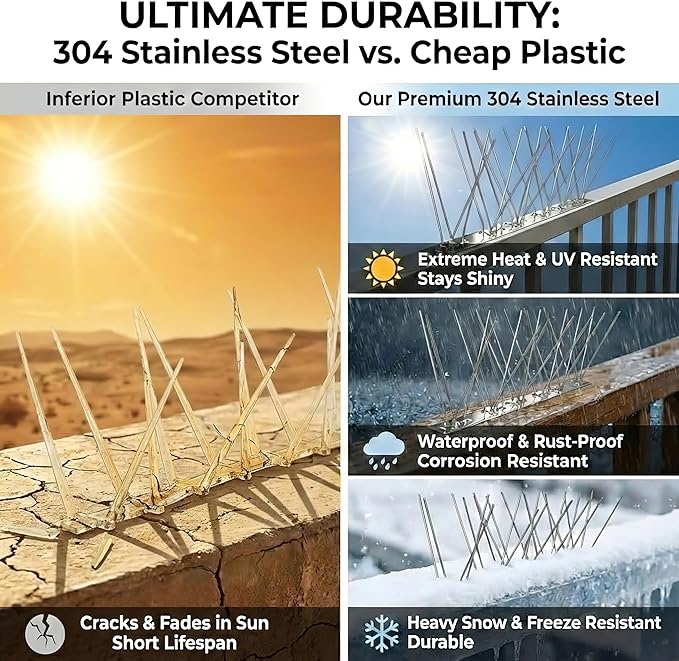 Stainless Steel Bird Spikes for PigeonsPre-AssembledAnti Bird Deterrent Spikes for Woodpeckers Squirrels RaccoonsWeatherproof Fence Spikes for Roof RailingPatio 9.84 Feet