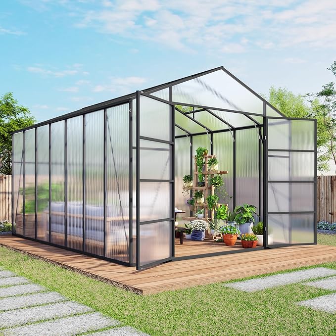104in High 10x14FT Greenhouse for Outdoors Polycarbonate Greenhouses with Stronger Wind Protection and Roof Vent Walk-in Large Aluminum Winter-Proof Sunroom Black