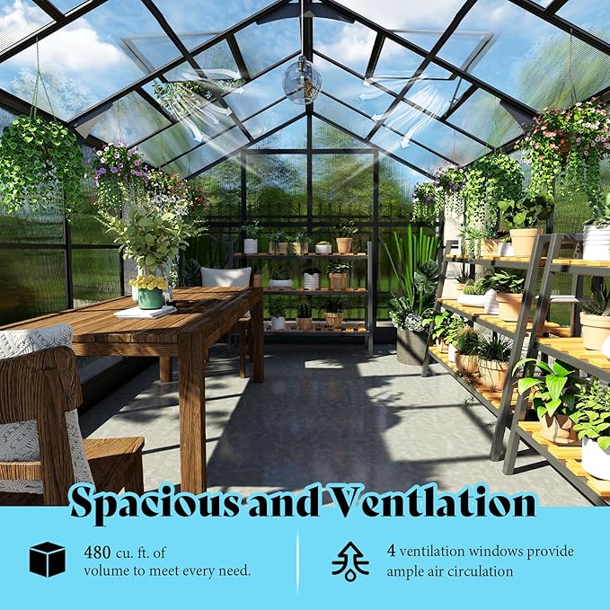 AMERLIFE 8x12x7FT Polycarbonate Greenhouse Walk in Greenhouse with Quick-Connect System Green House with 4 Vent Windows and Swing Lockable Door Greenhouses for Outdoors Sunroom Black