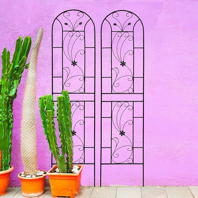 Metal Garden Trellis Rustproof Trellis for Climbing Plants Outdoor Flower Support Peacock Style (Black-2 Pack 86.7x19.7)