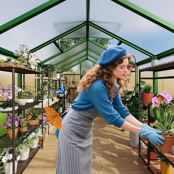 6X8 FT Greenhouse for Outdoors Walk-in Greenhouse Kit with Aluminum Frame Polycarbonate Panels Adjustable Roof Vent Sliding Door Secure Lock for Outside Garden Patio Backyard