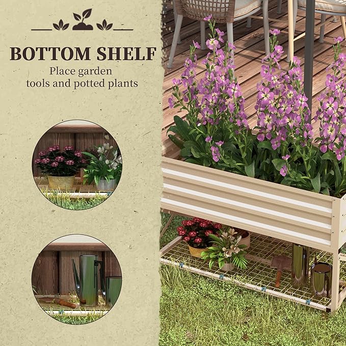 Raised Garden Bed with Galvanized Steel Frame Storage Shelf and Bed Liner Elevated Planter Box with Legs for Vegetables Flowers Herbs Cream