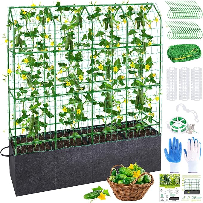 66x65x18 Inch Cucumber Trellis for Raised Bed - with 61 Gallon Grow Bags Garden Trellis for Climbing Plants Outdoor with Climbing Net and Plant Support for Cucumber Tomato Vegetable Grape Vine