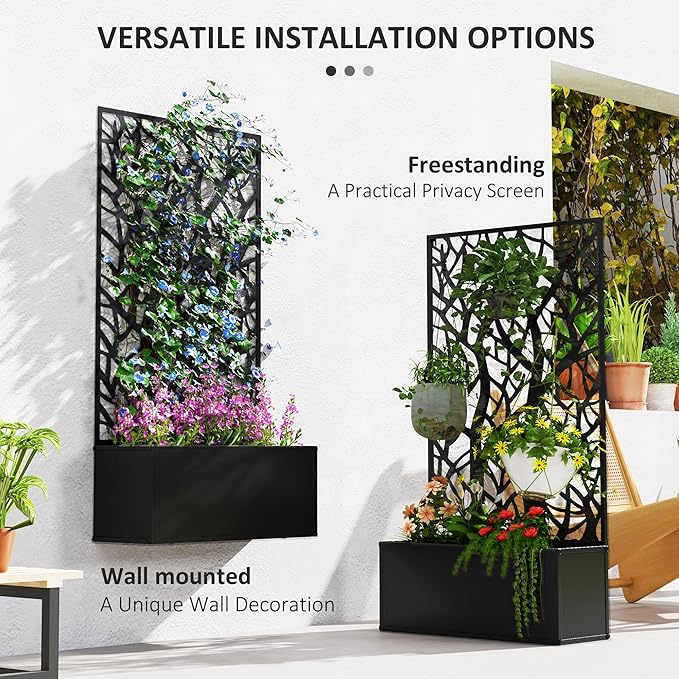 Outsunny Metal Raised Garden Bed with Trellis for Climbing Plants Freestanding or Wall Mounted Flower Bed with Privacy Panel Two Big Tree Cut-Outs Outdoor Planter Box for Garden Patio Balcony