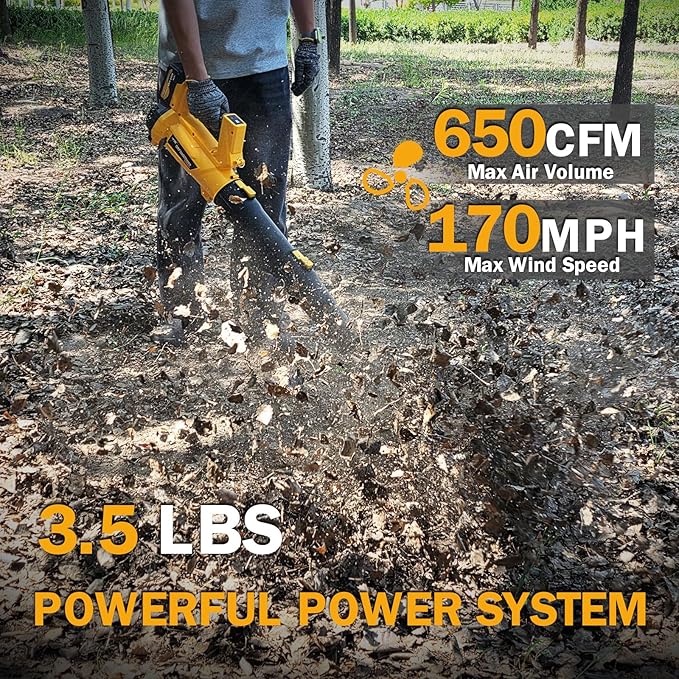 MOK Leaf Blower Cordless650CFM/170MPH Brushless Motor Electric Cordless Leaf Blower with 2 x 21V 4.0Ah Battery and Charger 3-Variable Speed Blower for Lawn Care Patio Cleaning(Yellow) ﻿