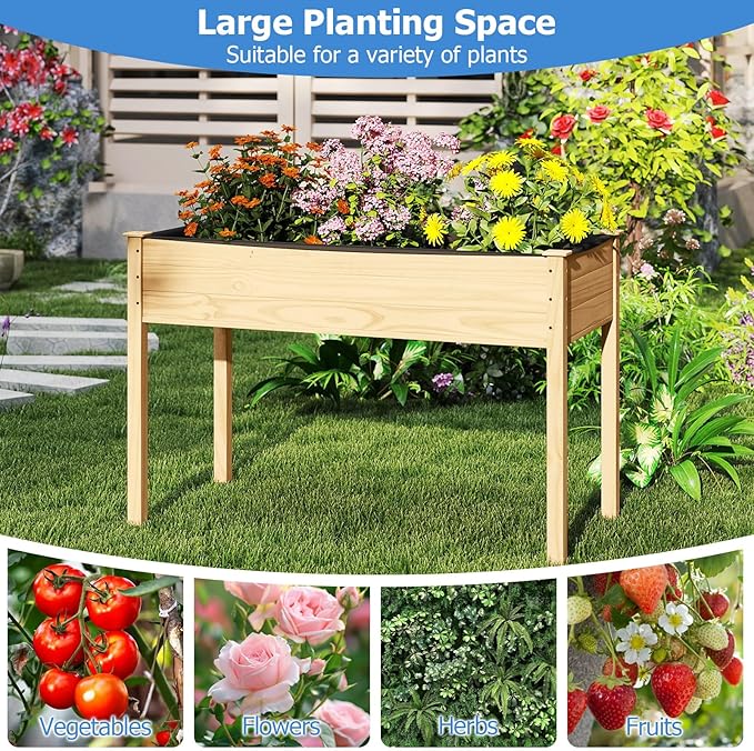 COSTWAY Raised Garden Bed Elevated Wood Planter Box Stand with Legs for Vegetables Flowers &amp Herbs Standing Growing Bed for Backyard Patio Balcony 47 x 22.5 x 30 Natural