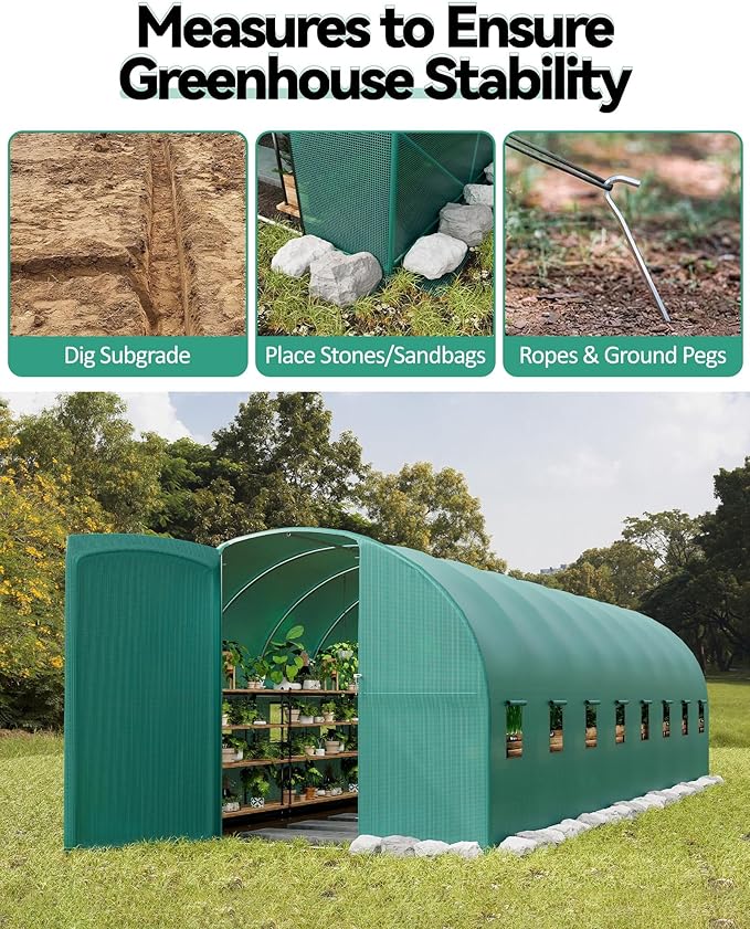Walk-in Tunnel Greenhouse 6.5 x 15 x 6.5 FT Large Outdoor Greenhouse with Door &amp Vent Windows Heavy-Duty Frame and Green PE Cover for Backyard Gardening