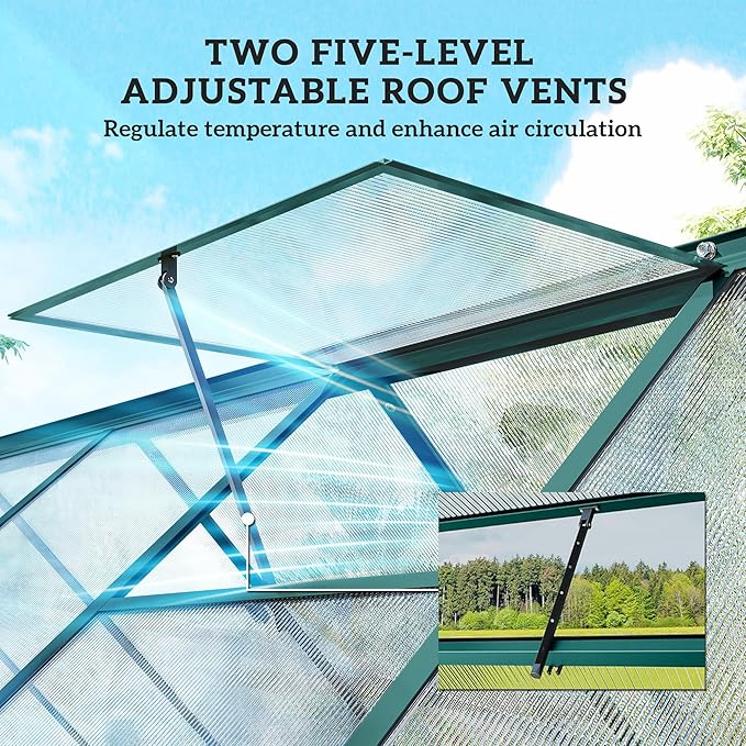 Outsunny 11x6 ft Polycarbonate Greenhouse with Swing Door and Two Adjustable Roof Vents Aluminum Walk-in Greenhouse Outdoor Greenhouse for Patio Garden Backyard Dark Green