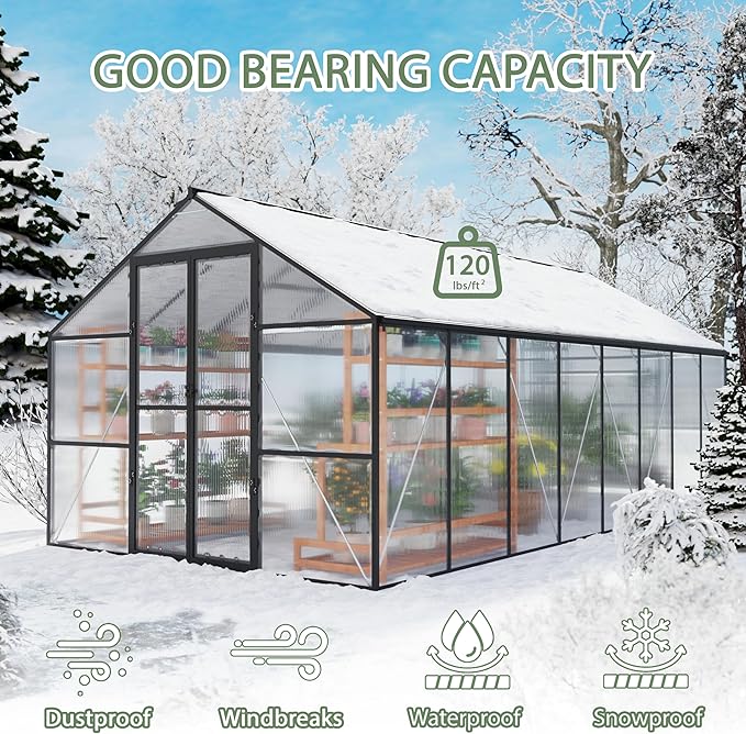 8 x 10 FT Outdoor Greenhouse Heavy-Duty Polycarbonate Greenhouse with Aluminum Frame Lockable Door Adjustable Roof Vent Walk-in Green House for Backyard Garden Patio