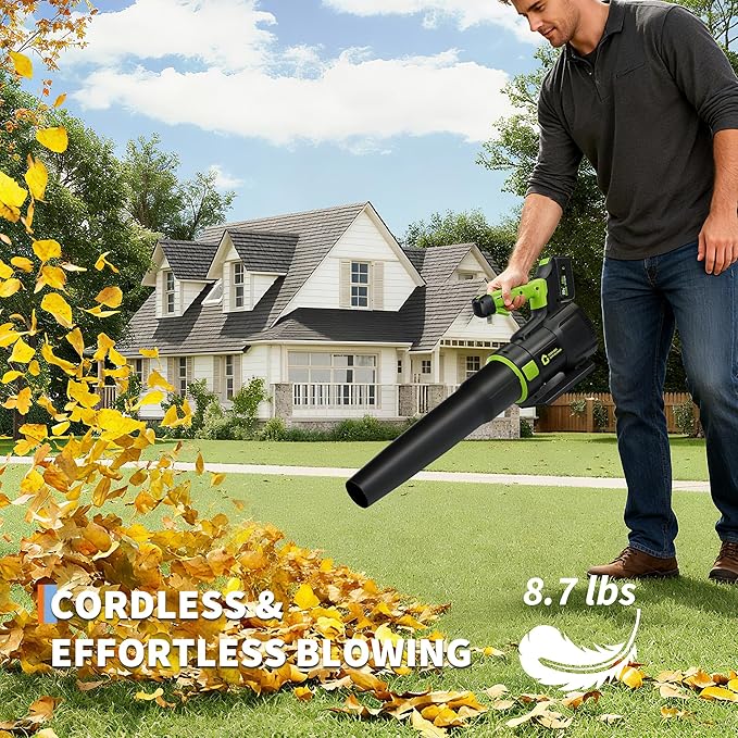Electric Leaf Blower - 650CFM &amp 200MPH Leaf Blower Cordless with 20V 4.0Ah Battery and Charger Variable Speed Powered Leaf Blowers for Lawn Care Blowing Leaves Dust Snow - Green