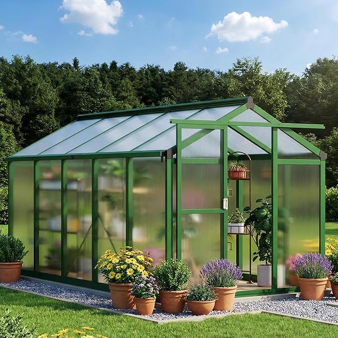 GAOMON 6 x 10 ft Greenhouse for Outdoor with Sliding Door Green House with Polycarbonate Panel &amp Ajustable Roof Vent &amp Ground Nails Walk-in Aluminum Greenhouses for Garden Patio