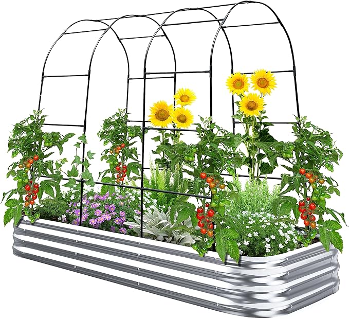 KING BIRD Raised Garden Bed with Arched Trellis Galvanized Planter Garden Box Outdoor for Gardening Climbing Vegetables Flowers 7.87x3.94x0.98 Ft Silver