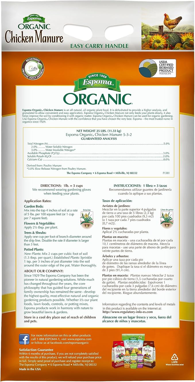 Espoma Organic Chicken Manure 25 lb. Bag. All Natural &amp Organic Fertilizer for All Flowers Vegetables Trees and Shrubs. for Organic Gardening - 2 Pack